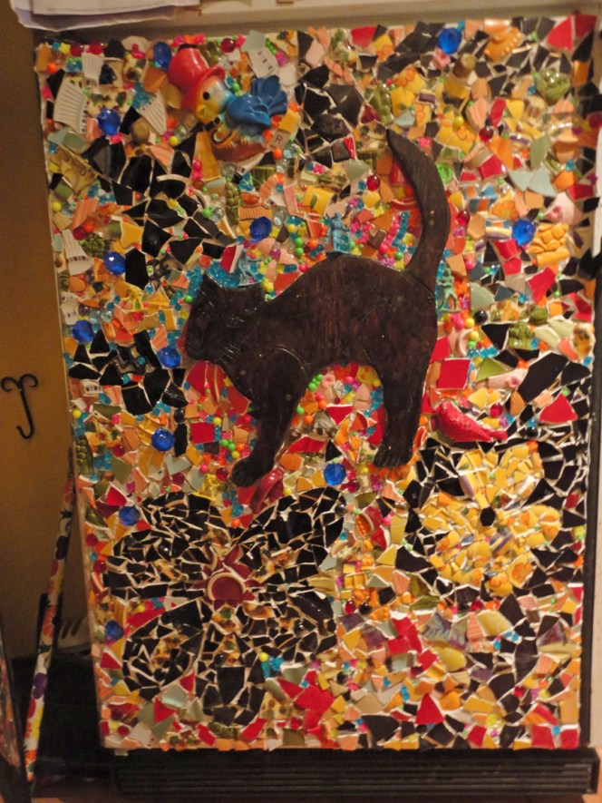 Fridge Mosaic with cat, birds and explorers